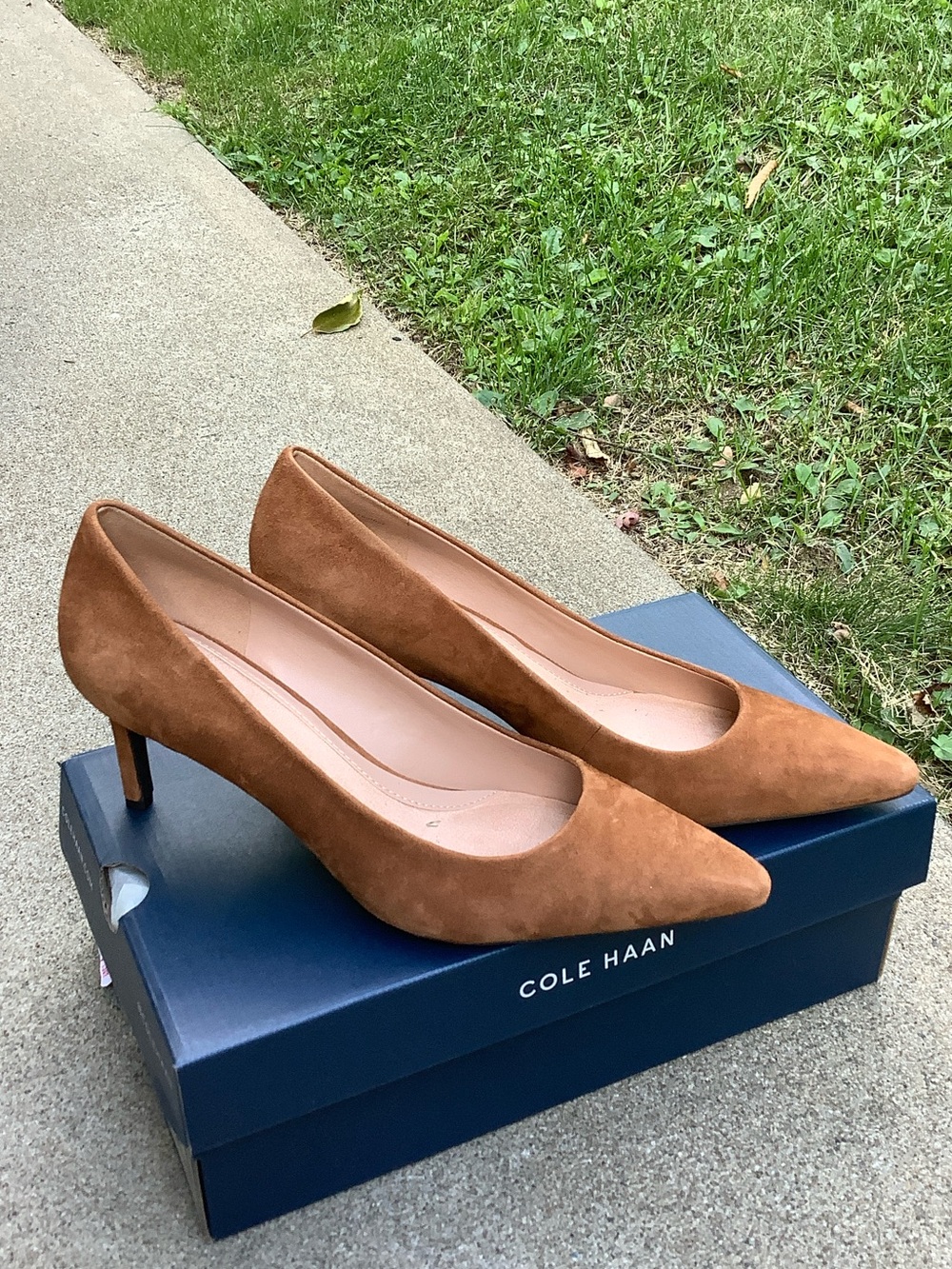 Cole Haan Tan Suede Pointed-Toe Mid Kitten Heels